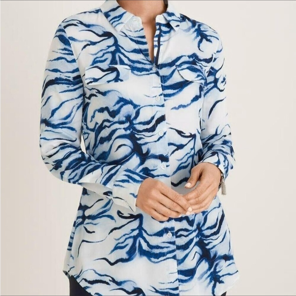 Chico’s Women’s Long-Sleeve Easy Blue And White Animal Print Shirt Size XXL EUC